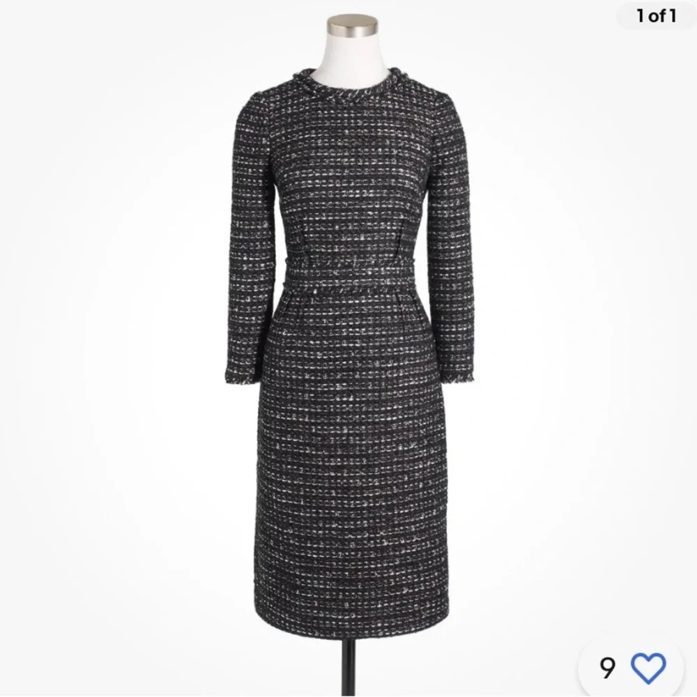 J. Crew Collection Shimmer Tweed fringe trim dress black white 16351